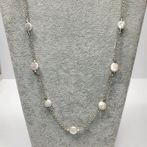 Lucky Brand Iridescent Pearl & Silvertone Long Statement Necklace - Picture 1 of 7